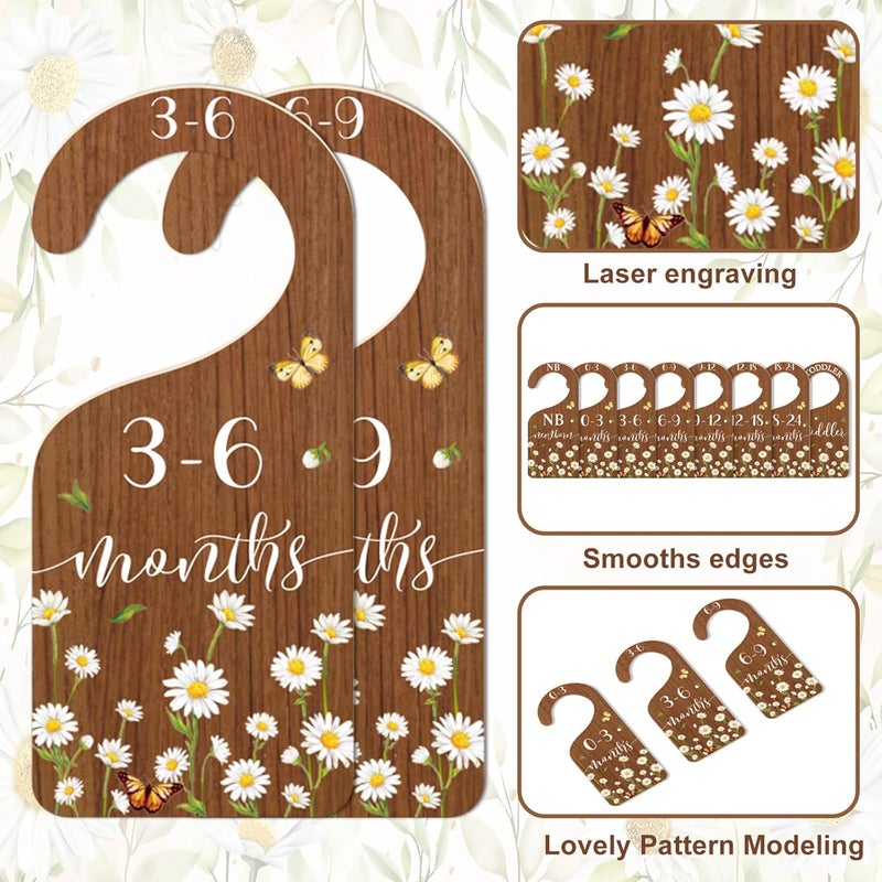 Whaline 8Pcs Daisy Baby Closet Size Dividers Hanging Wooden Baby Closet Organizers Newborn to Toddler Rustic Floral Butterfly Infant Wardrobe Organizers for Home Nursery Bedroom - Image 3